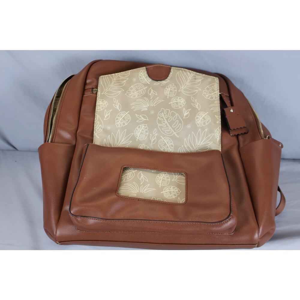 TWELVElittle Brown Vegan Leather Diaper Backpack Bag Changing Pad Pockets Travel - Picture 7 of 8